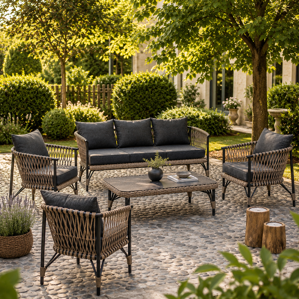 Outdoor patio conversation set with a woven rattan loveseat, two matching armchairs, a rectangular coffee table, and dark gray cushions, arranged on a cobblestone patio in a lush garden setting.