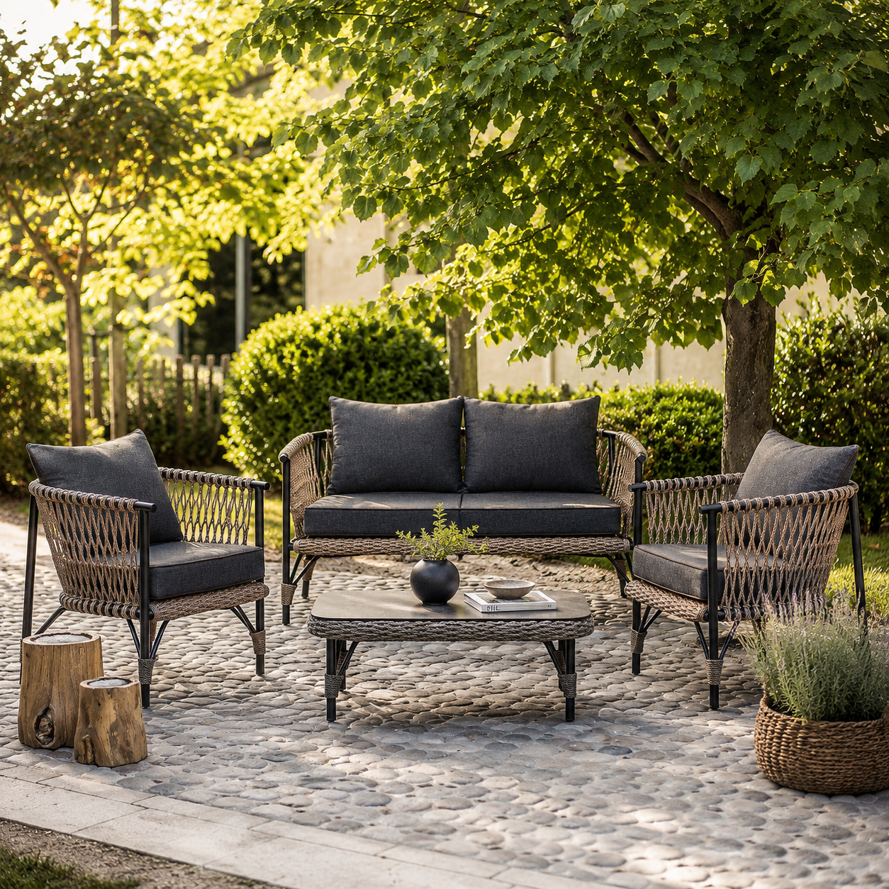 Outdoor patio furniture set including a wicker sofa, two matching armchairs with dark gray cushions, and a rectangular coffee table on a stone-paved area surrounded by green trees and shrubs.