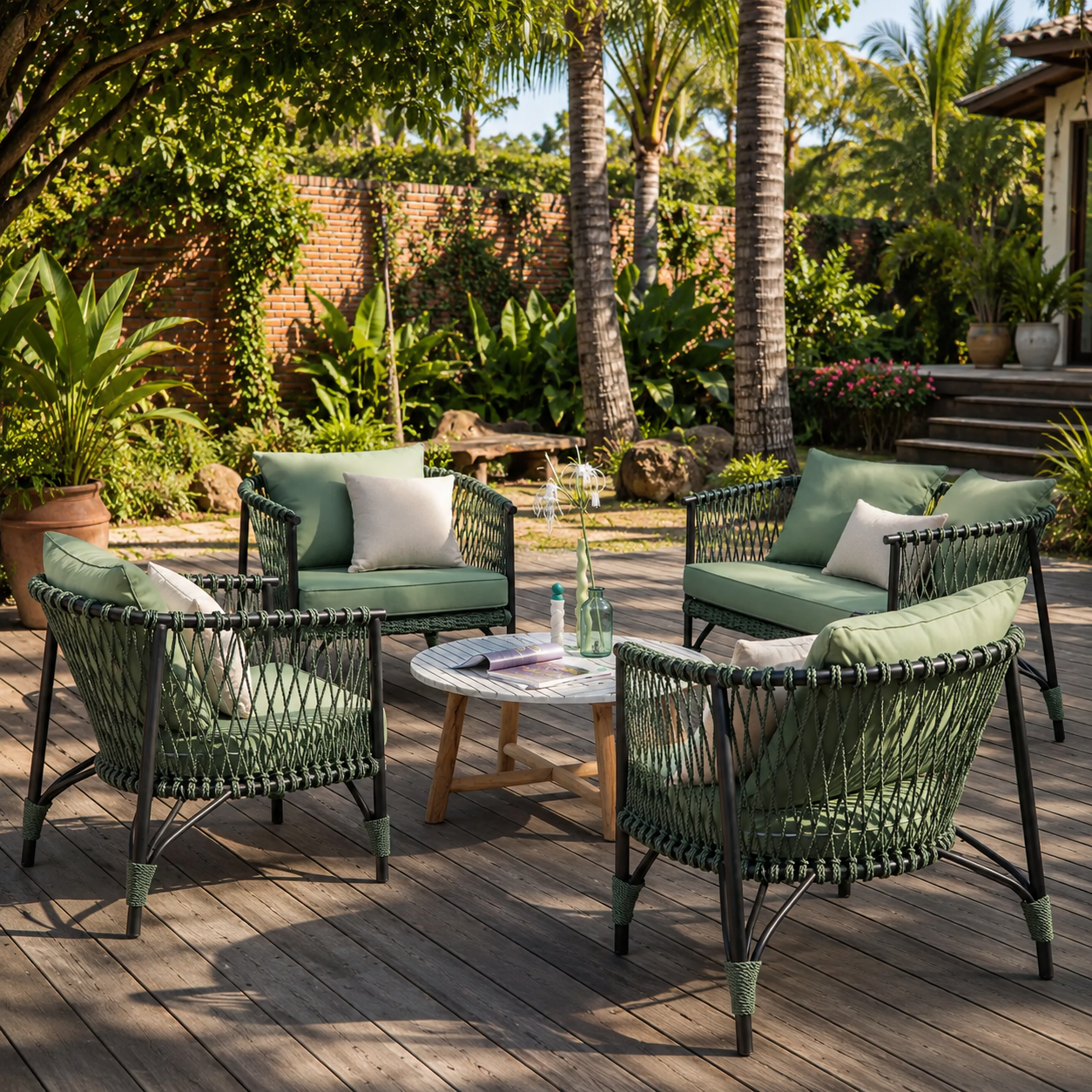 Outdoor patio furniture set with four woven armchairs and two matching lounge chairs in green cushions, arranged around a round wooden coffee table on a wooden deck with a tropical garden background.