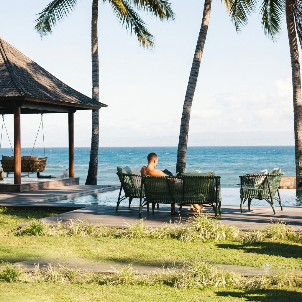 A man relaxes in a green woven outdoor chair by an infinity pool overlooking the ocean, with palm trees and a thatched pavilion in the background.