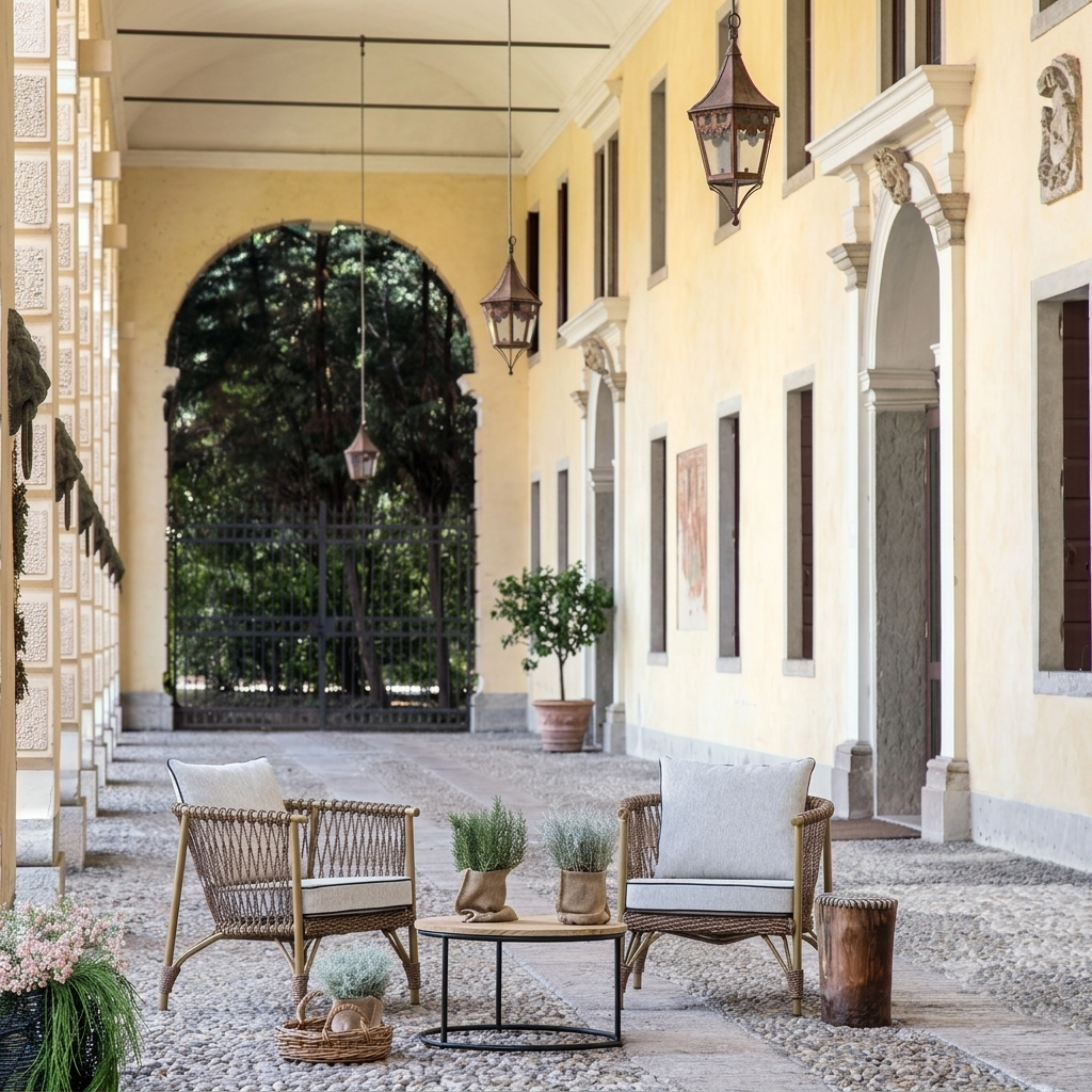 A serene outdoor patio in a classic Italian-style courtyard with a pale yellow stucco building, featuring two woven rattan armchairs with white cushions, a small round coffee table, and potted green plants.