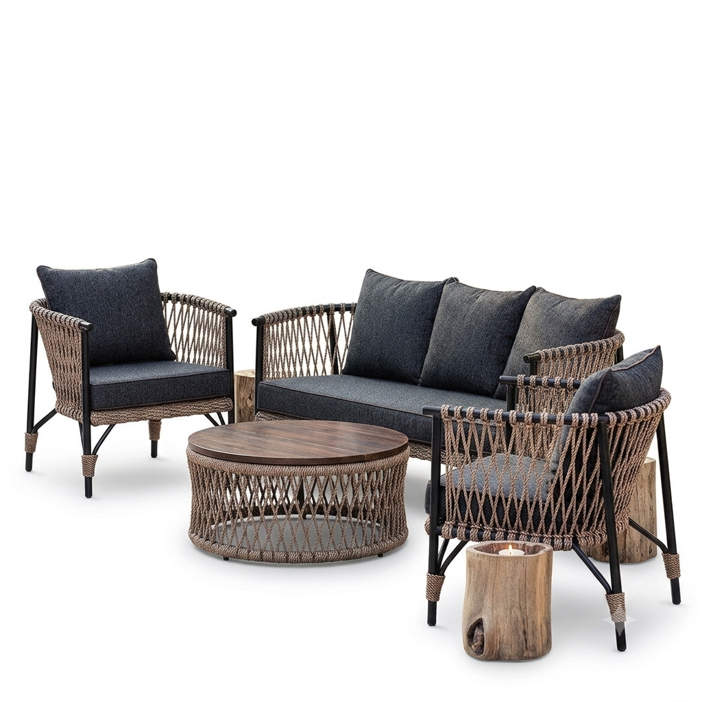 Outdoor patio furniture set including a wicker loveseat with dark gray cushions, two matching armchairs, a round woven coffee table, and two rustic log-style side tables on a white background.