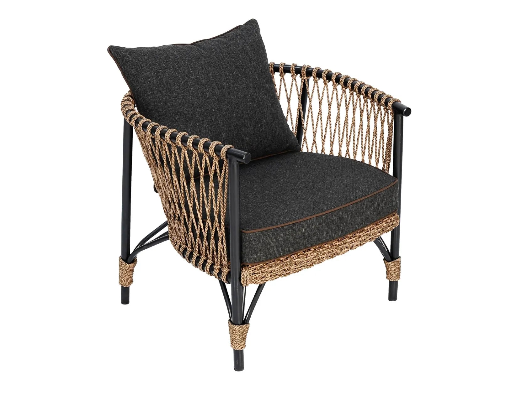 A modern outdoor armchair with a black metal frame, woven natural rope backrest and armrests, and dark charcoal gray cushions, shown on a plain white background.