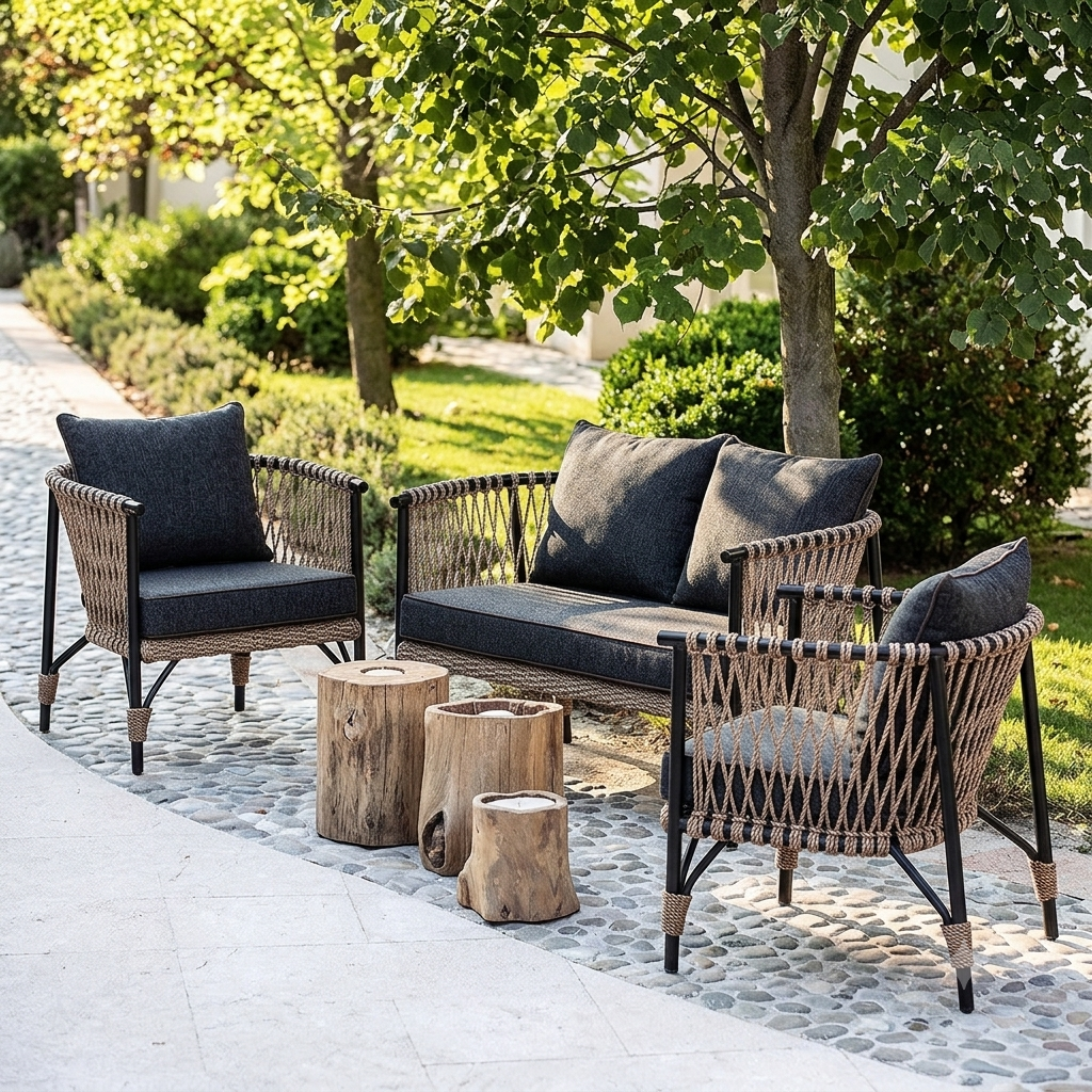 Outdoor patio furniture set with a woven wicker loveseat, two matching armchairs with dark gray cushions, and three rustic wood log side tables on a stone-paved walkway surrounded by green trees and shrubs.