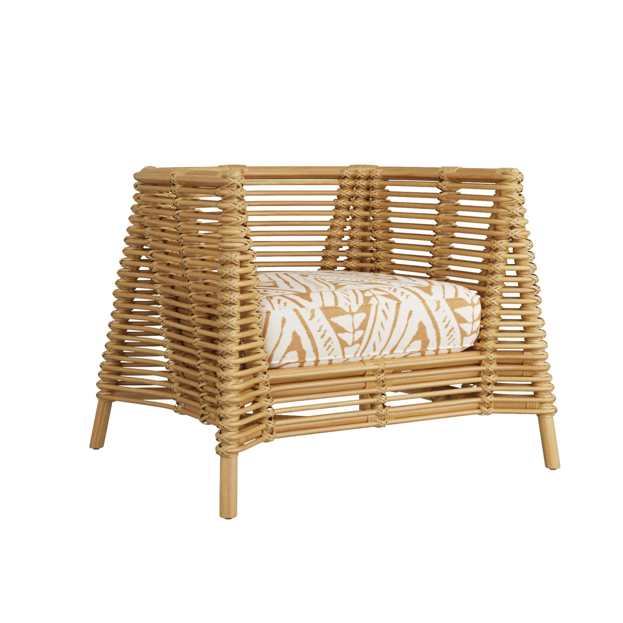 Wicker chair with a patterned cushion on a white background