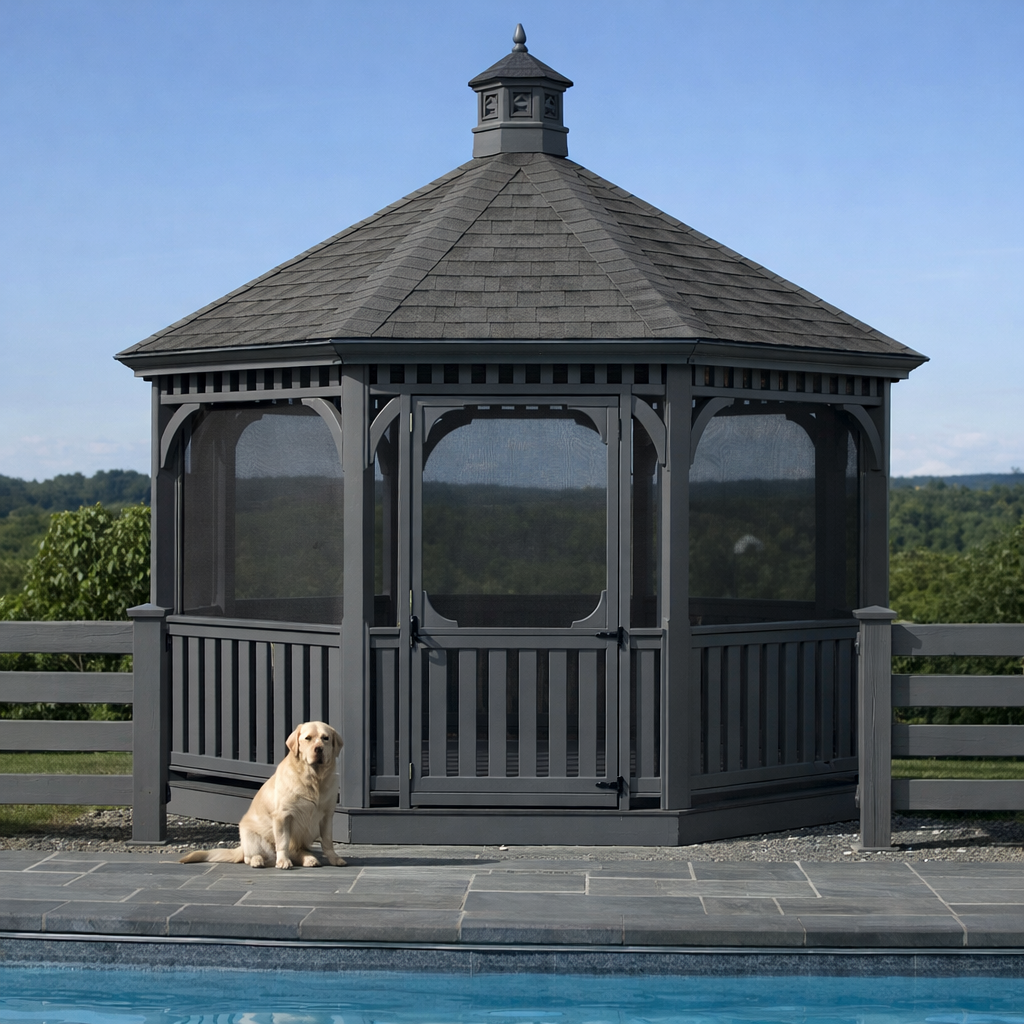 Octagonal FRP glass closed gazebo in graphite colour for garden, terrace and resort installatiVistaGlaze FRP Pavilion on