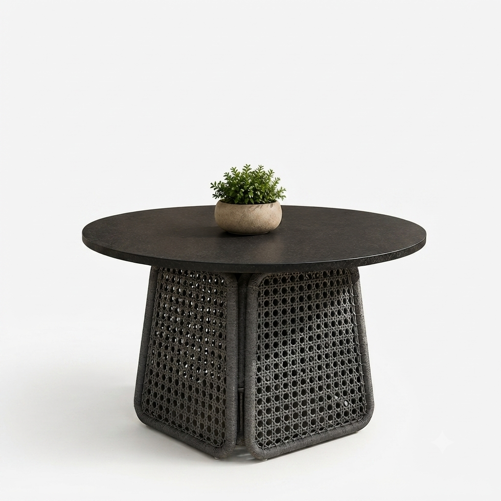 A round black outdoor coffee table with a woven cane base, styled with a small potted green plant on top, set against a clean white background.
