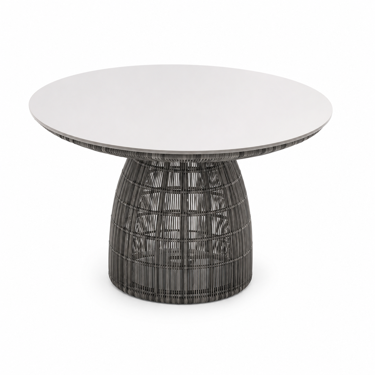 A modern round dining table featuring a smooth white top and a dark gray woven basket-style pedestal base, shown against a plain white background.