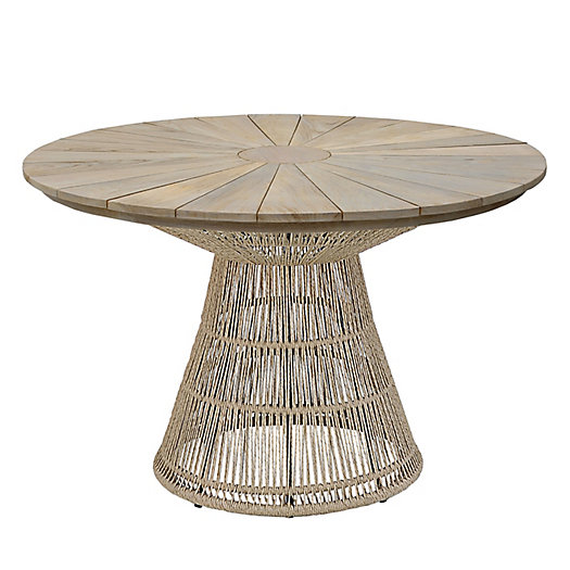 A round outdoor dining table with a light natural wood top made of radiating slats and a woven rope base, shown on a plain white background.