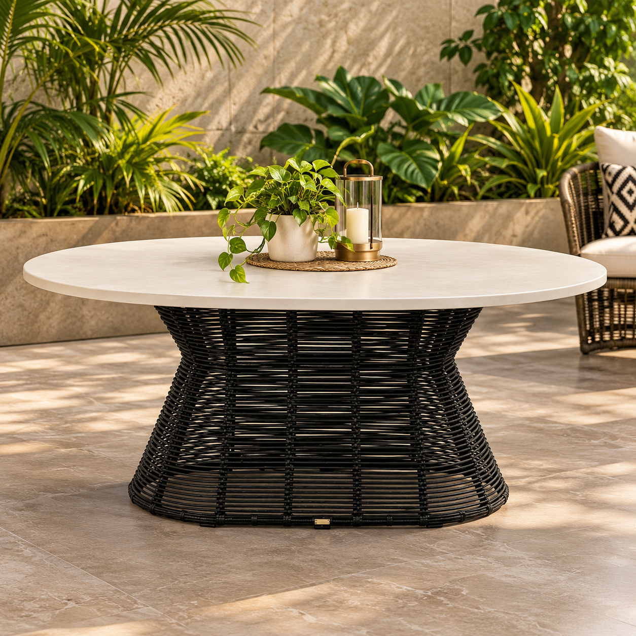 An outdoor round coffee table with a white stone top and a black woven pedestal base, styled on a patio with a potted plant and lantern on top, surrounded by green plants and a wicker chair.