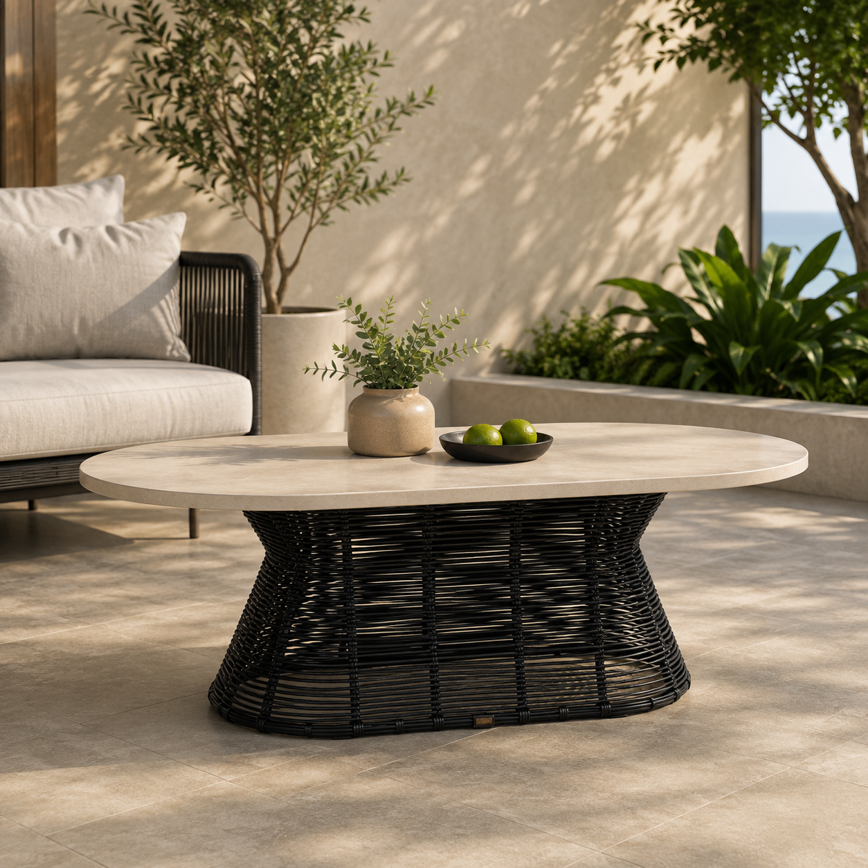 An outdoor oval coffee table with a light beige stone-look top and a black woven wicker base, styled on a patio with a sofa, plants, and a bowl of limes.