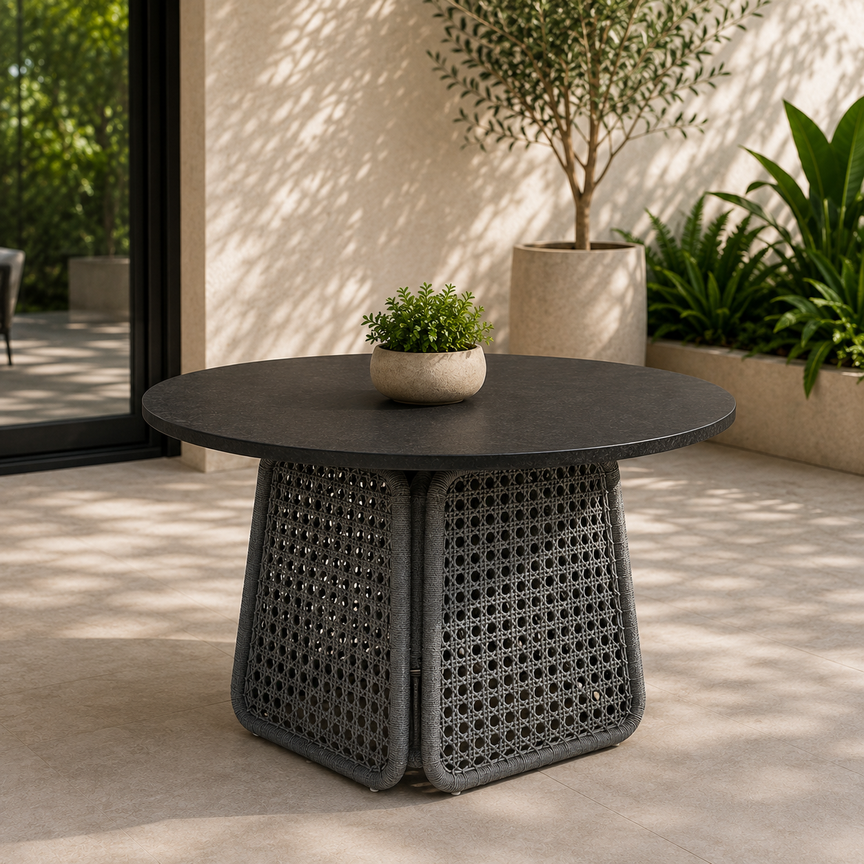 A round outdoor dining table with a dark charcoal gray stone-look top and a matching woven wicker base, styled with a small potted green plant on top. The table is set on a patio with a beige stucco wall, large potted plants, and soft leaf shadows cast across the scene.