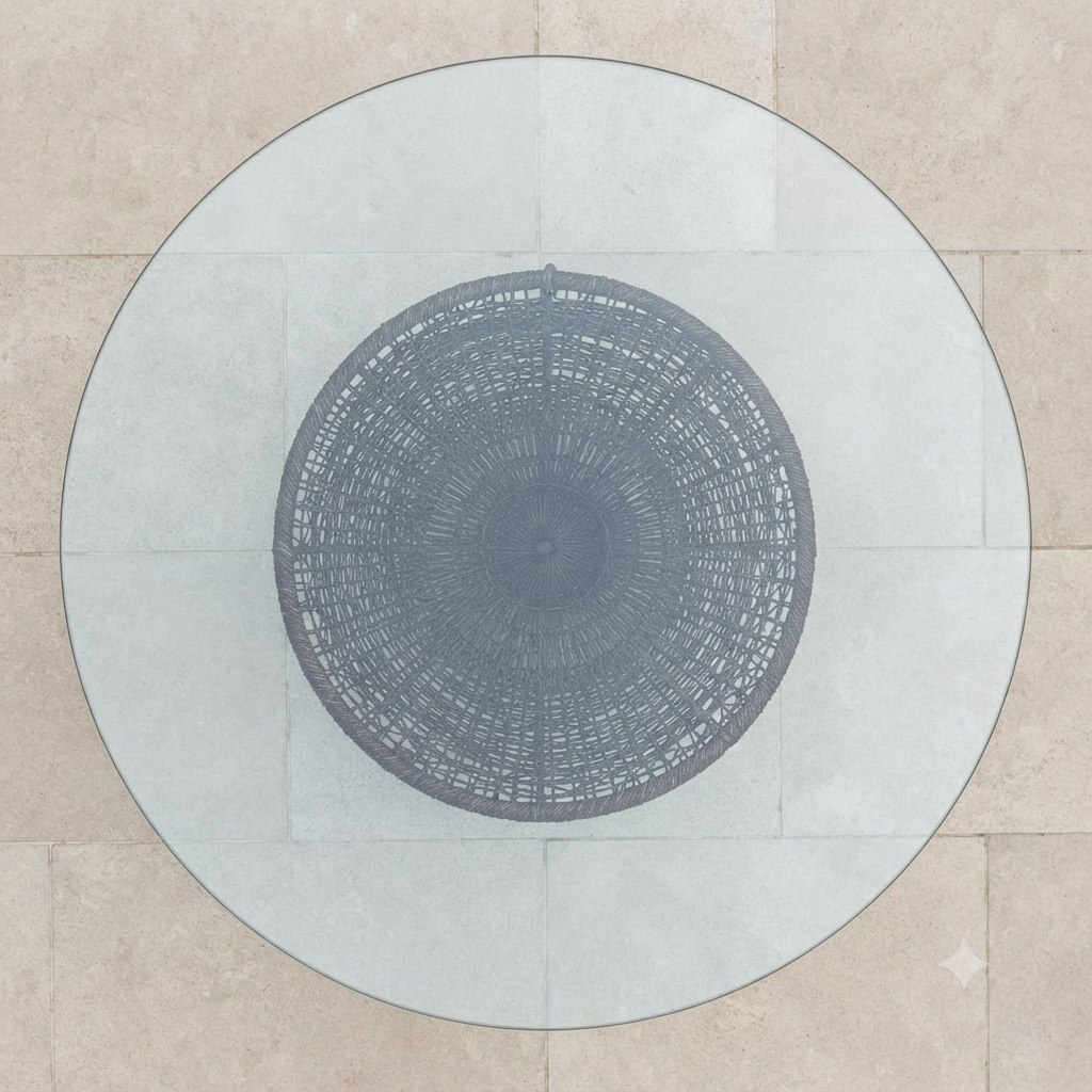 A top-down view of a round, woven dark gray wicker or rattan planter or decorative base placed on a light gray circular surface over beige stone tiles.