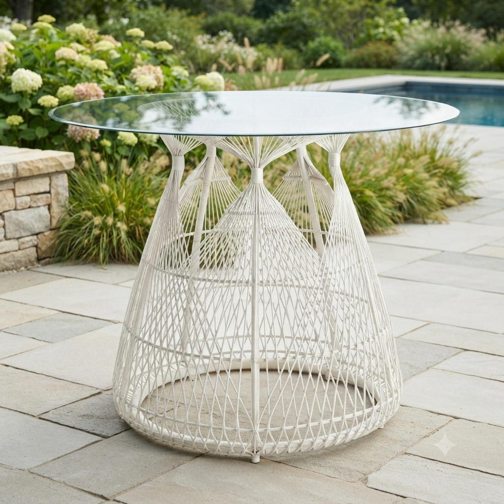 White woven outdoor table with a clear glass top, set on a stone patio in a garden with a pool in the background.
