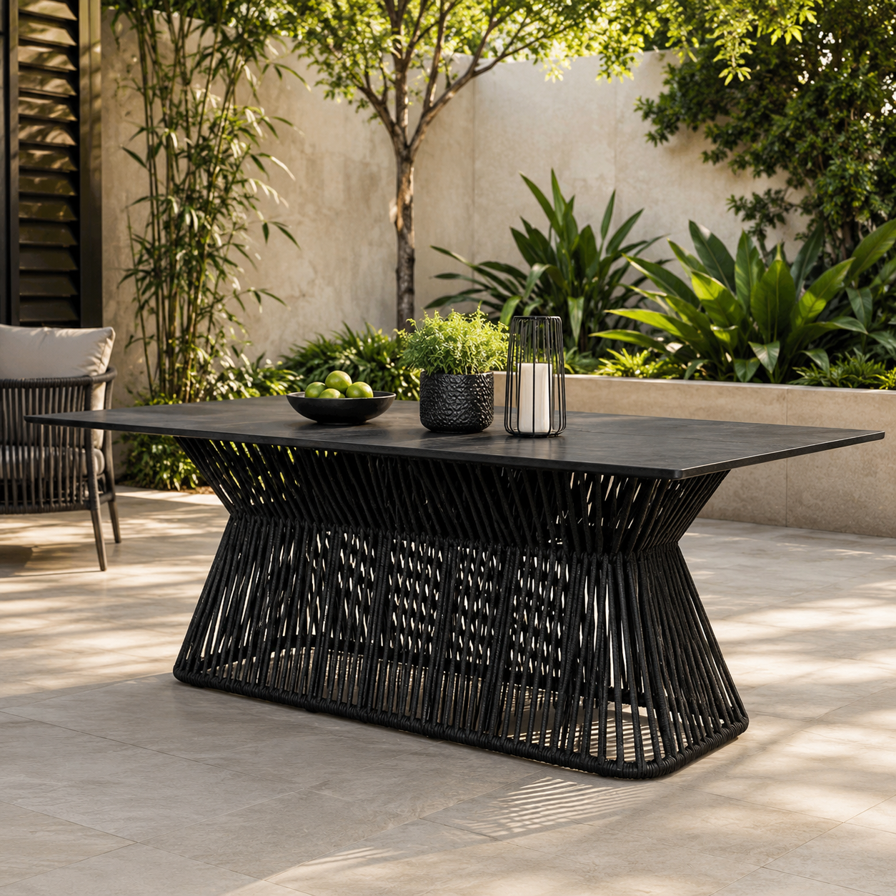 A modern black outdoor dining table with a rectangular top and a sculptural woven base, styled on a patio with plants and decor in a garden setting.