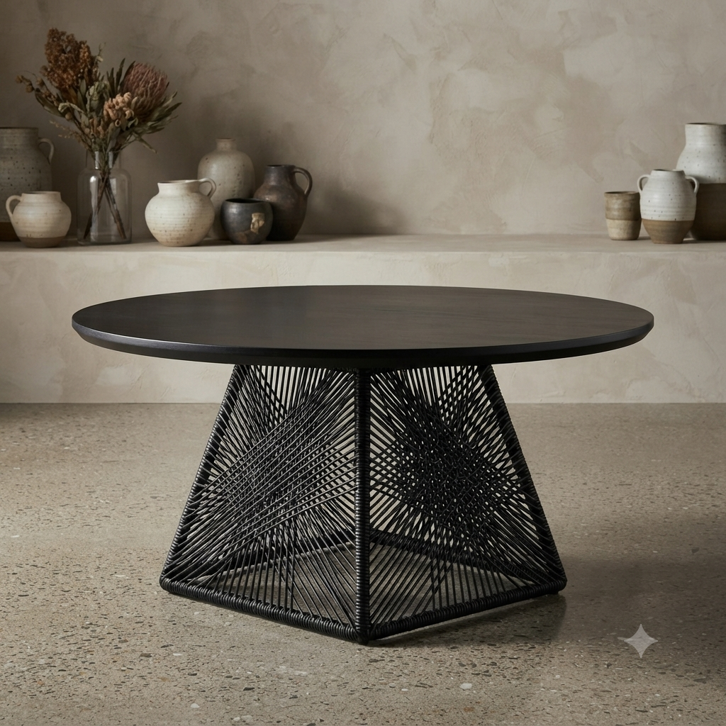 A round black table with a geometric woven wire pedestal base, styled in a warm, rustic room with ceramic vases on a shelf in the background.