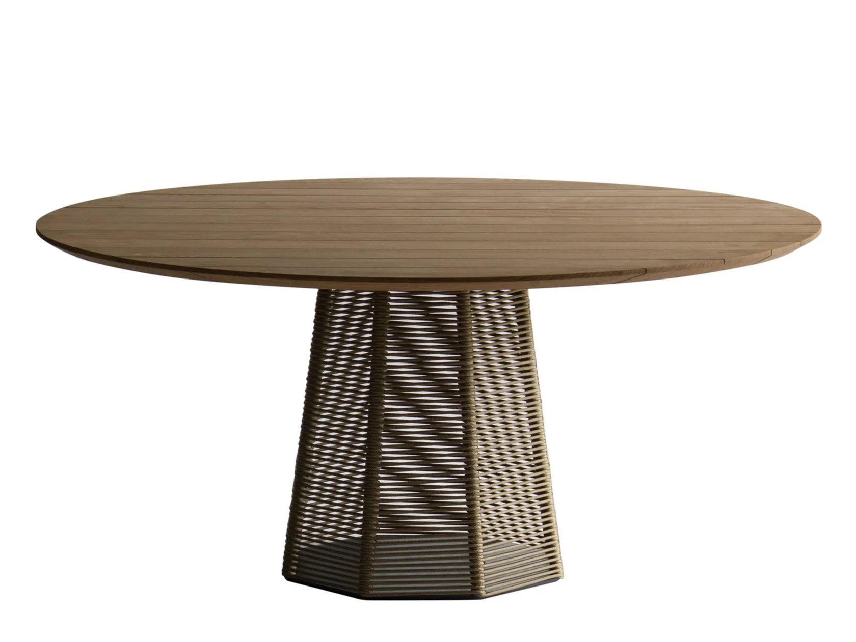 A round wooden dining table with a light brown wood grain top and a sculptural, faceted pedestal base made of interlaced wicker or rattan in a medium brown tone, shown against a plain white background.
