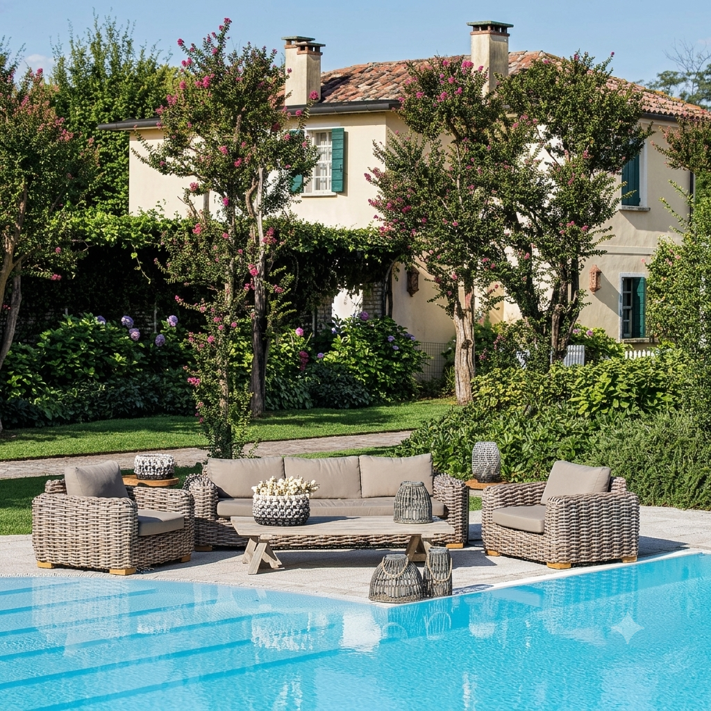 Outdoor patio furniture set made of woven wicker with beige cushions, arranged on a stone patio beside a swimming pool in front of a villa with greenery.