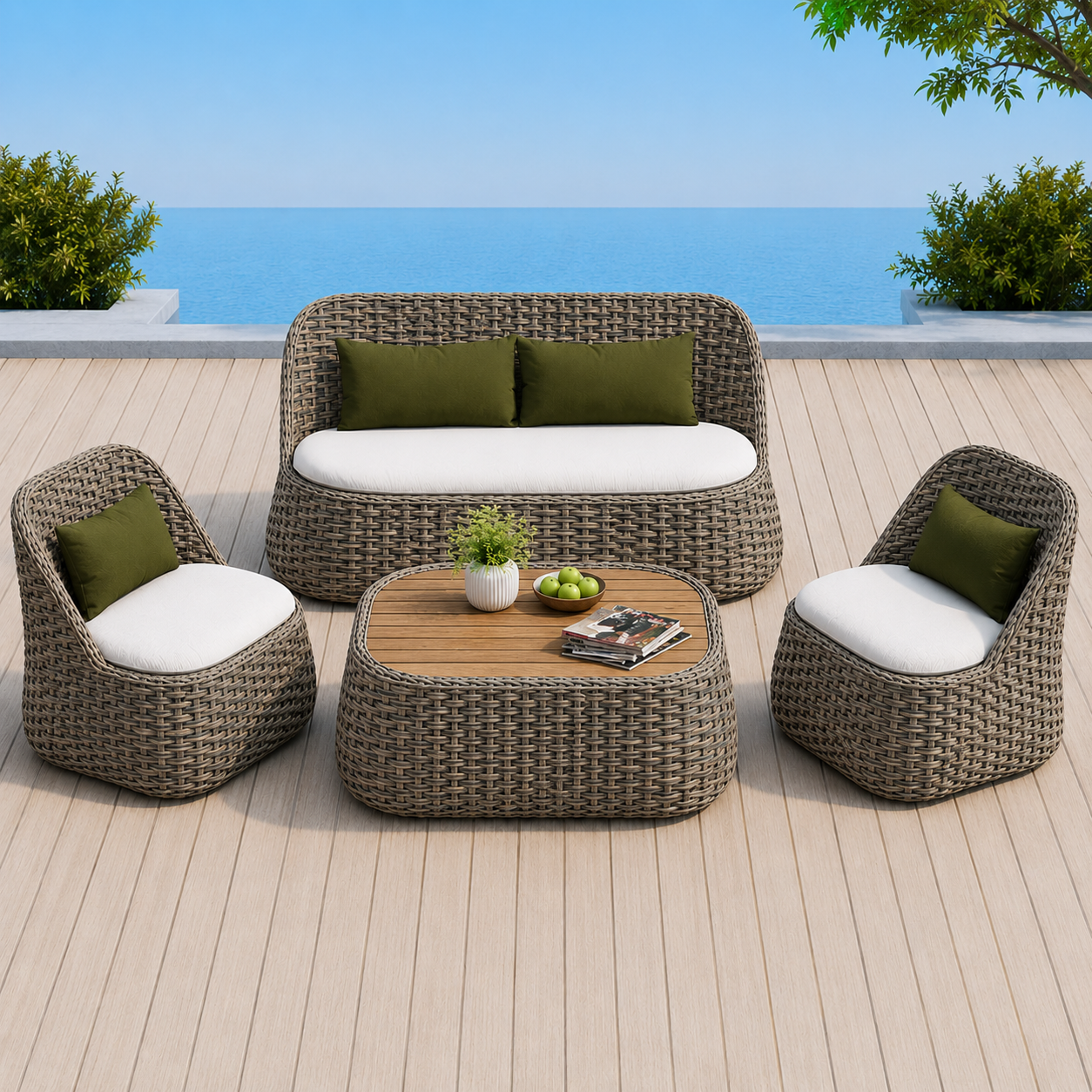 A 5-piece outdoor wicker patio furniture set including a loveseat, two armchairs, and a coffee table, arranged on a wooden deck with a blue ocean and sky background.
