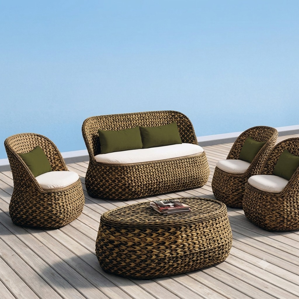 A 5-piece outdoor patio conversation set made of woven wicker/rattan, featuring a loveseat with two green pillows, two armchairs with white cushions and green pillows, and a round coffee table, arranged on a wooden deck with a blue sky background.