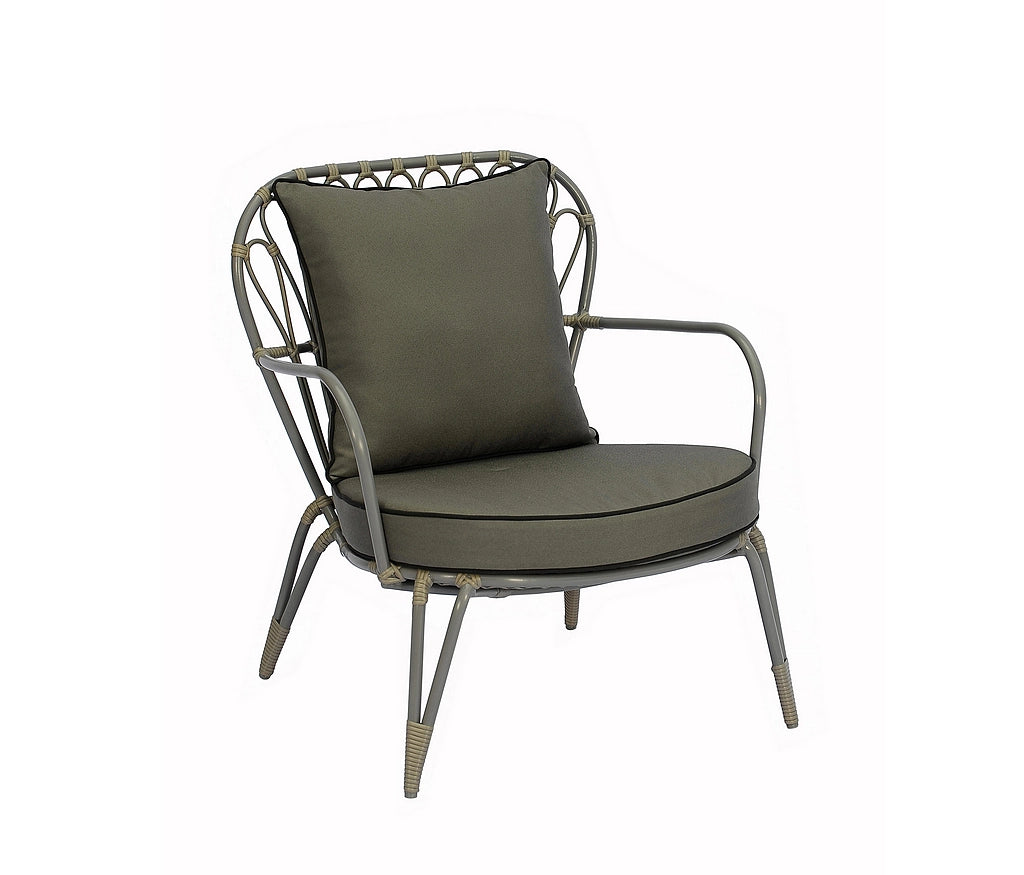 An outdoor armchair with a gray metal frame and olive green cushions on a white background.