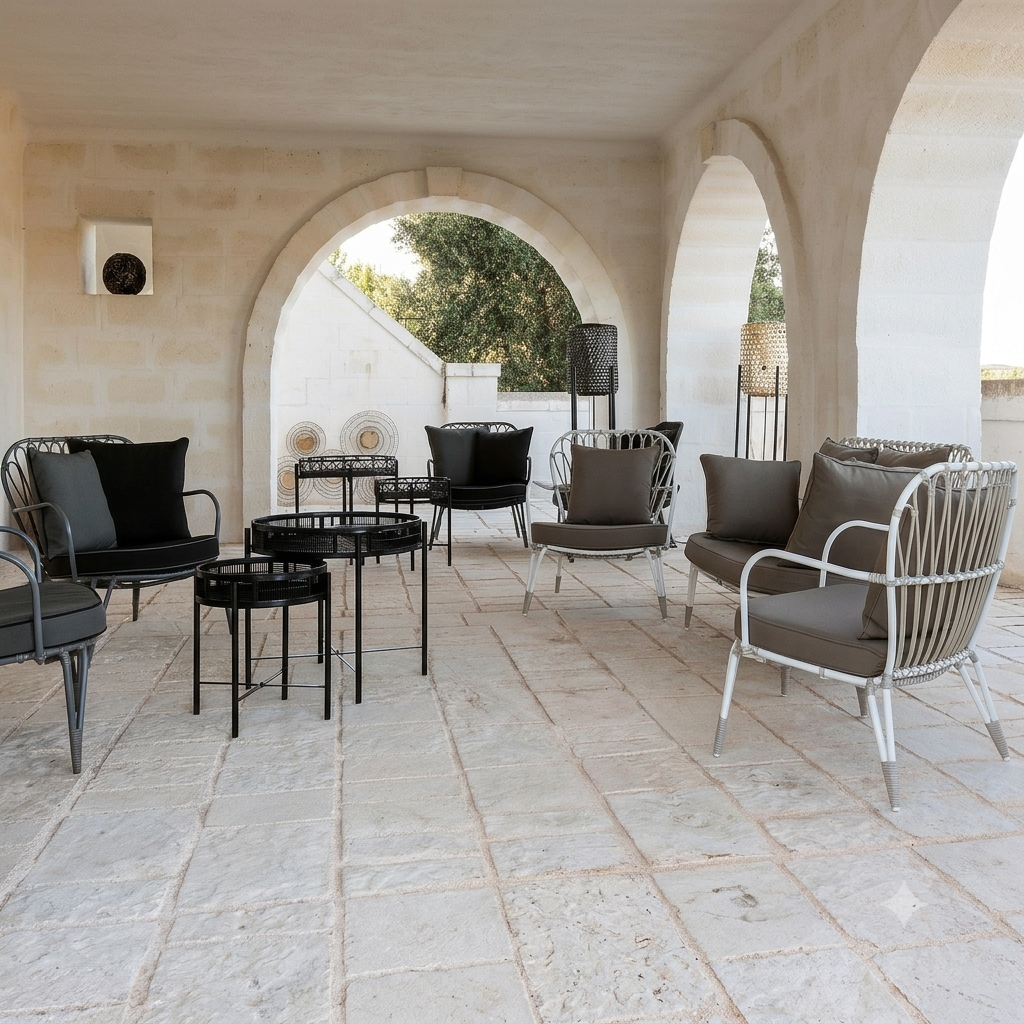 Outdoor patio seating area with black and gray armchairs, round black coffee tables, and a white woven armchair, arranged on a stone tiled terrace under a covered walkway with arches.