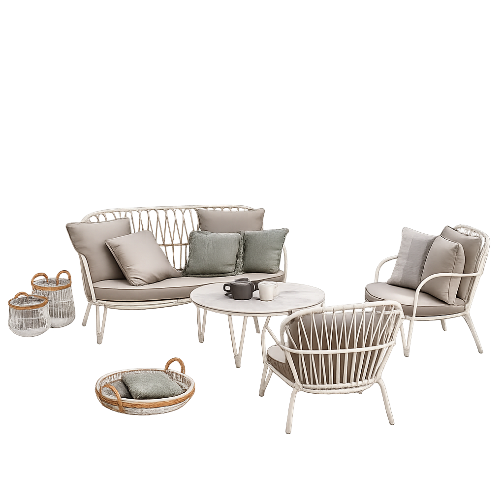 A 5-piece outdoor patio furniture set featuring a curved sofa, two armchairs, a round coffee table, and two wicker baskets, all in a neutral beige and gray color palette on a white background.