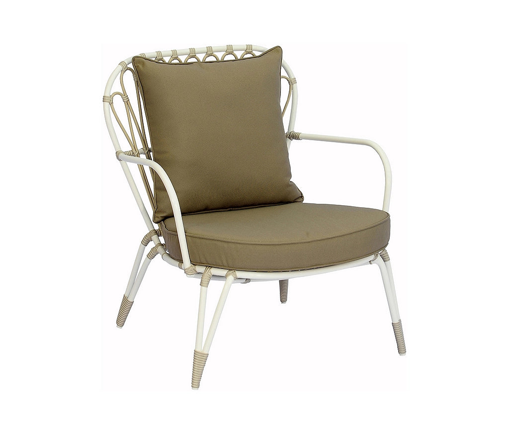 A white metal outdoor armchair with a woven rope backrest and a large taupe cushion on the seat and back, shown on a plain white background.