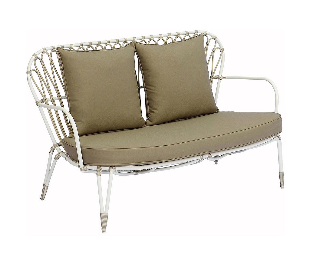 A curved outdoor loveseat with a white metal frame and taupe cushions, including a seat cushion and two back pillows, shown on a white background.