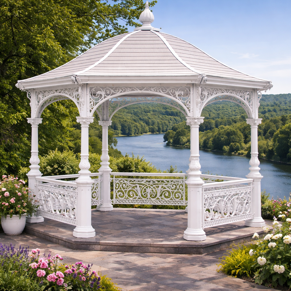 Premium FRP Cabana &amp; Gazebo – The Victoria Majestic Crown Pergola for Luxury Outdoor Spaces white