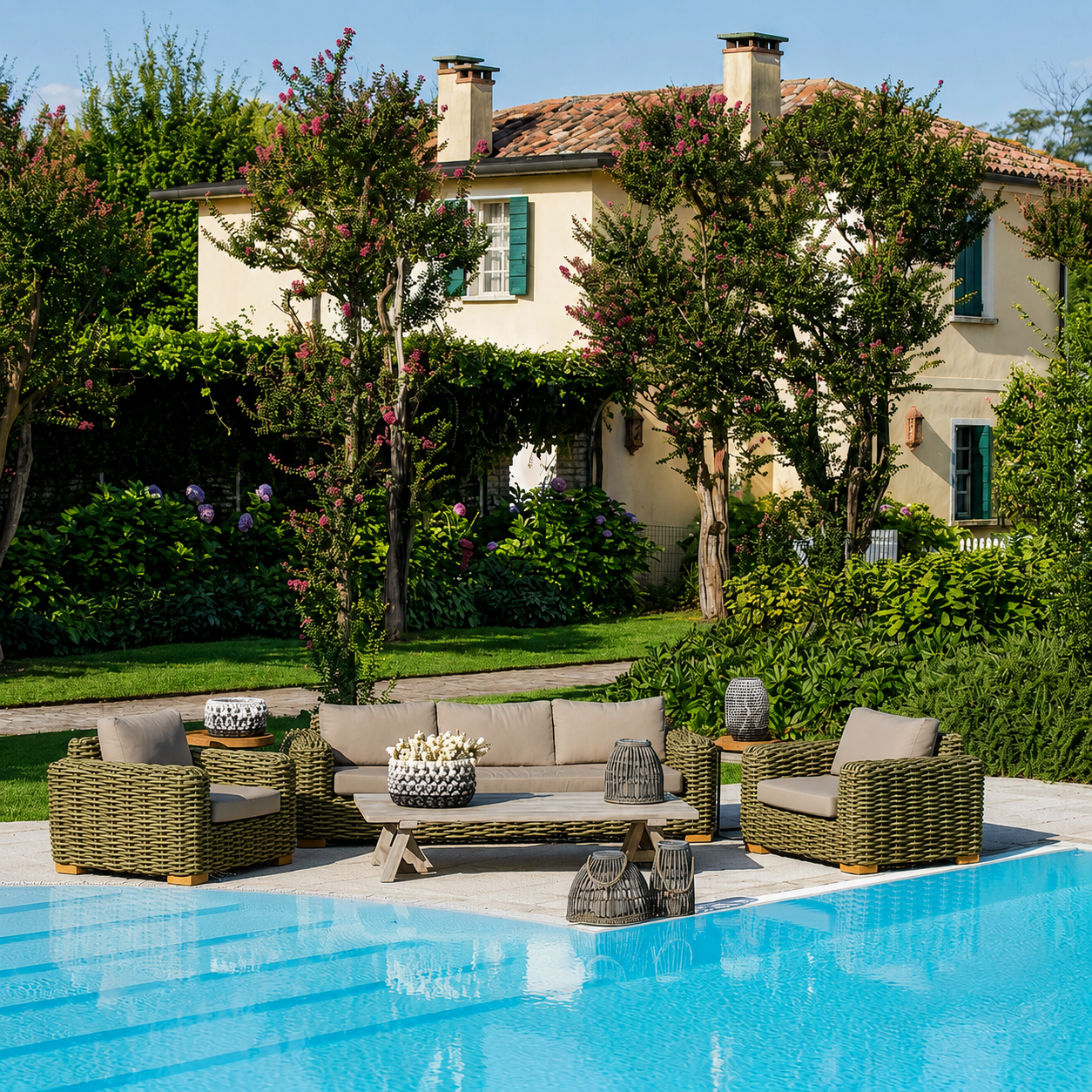 Outdoor patio furniture set arranged around a swimming pool in front of a villa, including a wicker lounge chair, armchairs, a low coffee table, and a modular sofa with beige cushions, set against a lush garden background.