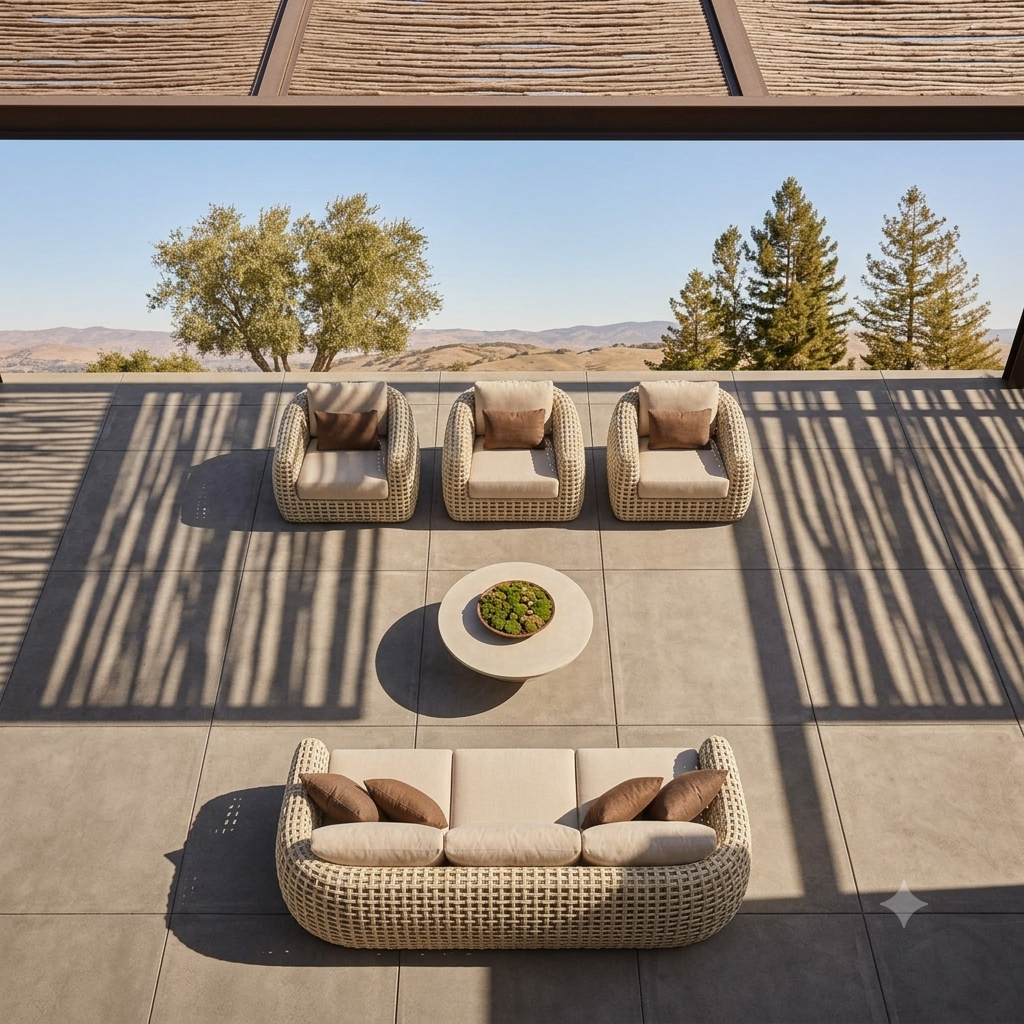 An overhead view of an outdoor patio furniture set arranged on a tiled deck. The set includes a curved sofa, two armchairs, and a round coffee table, all in a woven beige material with light beige cushions and brown accent pillows.