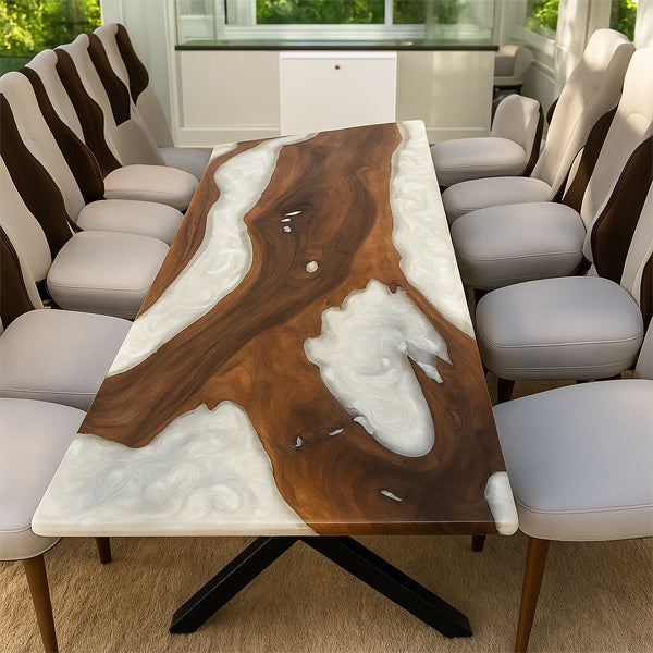 Epoxy Resin River table, Perl White Sea Table - Dining Table - PearlWave