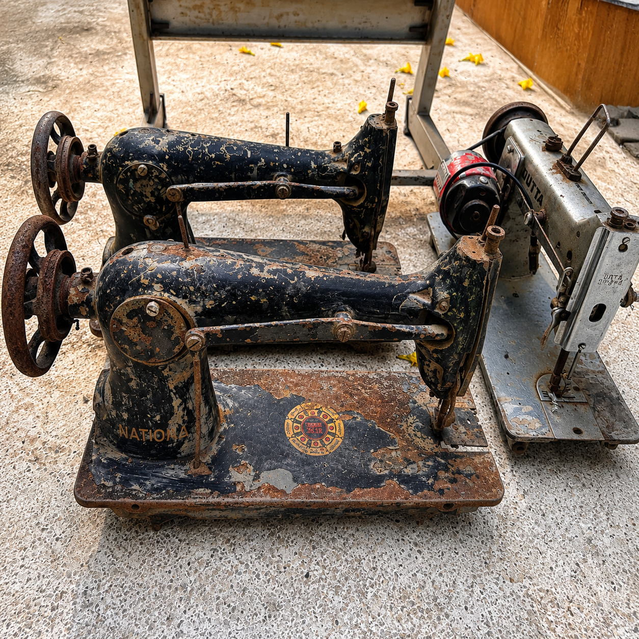 Three vintage industrial sewing machines arranged on a concrete floor. The foreground machine is a worn black National model with heavy rust and peeling paint, a second black National machine sits behind it, and a silver sewing machine is partially visible on the right.