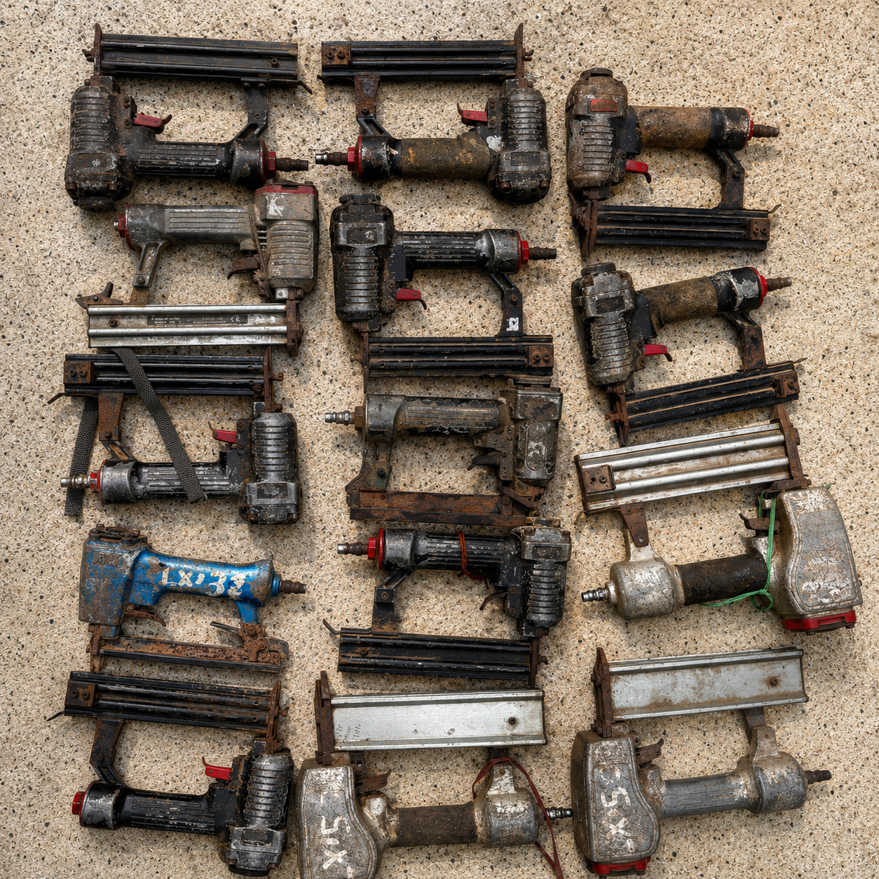 A collection of used, weathered nail guns and metal nail magazine bars arranged in a grid on a textured beige concrete floor.