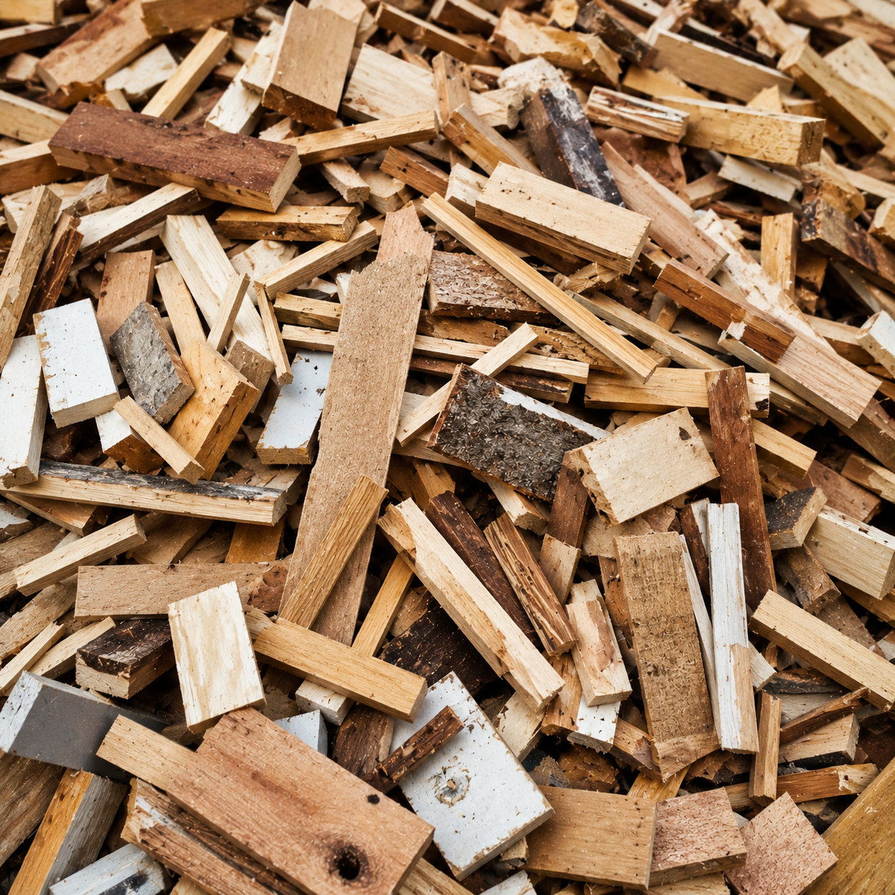 A close-up pile of small wood chips, bark pieces, and chopped logs in natural tan, brown, and gray tones.