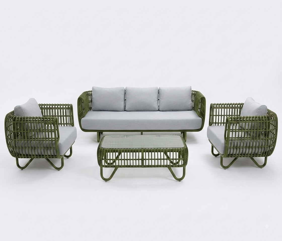 Outdoor patio furniture set including a three-seat sofa, two armchairs, and a coffee table, featuring olive green woven frames and light gray cushions on a white studio background.